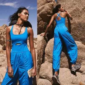 $148 Free People FP Movement Righteous One Piece Blue Runsie Jumpsuit Sz S NEW - Picture 1 of 14