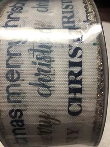 MEMBER'S MARK 2.5" WIDE WIRED EDGE RIBBON, MERRY CHRISTMAS BLUE/GREEN 5844 - Picture 1 of 12