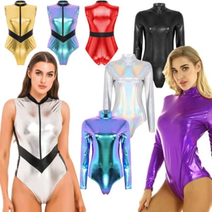 Damen Metallic Ballett Anzug Turtleneck Gymnastik Shiny Leotard Tanz Kleidung - Picture 1 of 87