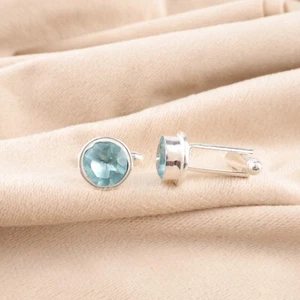 Topaze Bleu Ciel Frère Cadeau Mariage Manchette Bijoux 925 Argent Sterling - Foto 1 di 2