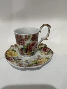 Lily Creek Cup And Saucer Red Yellow Roses demitasse Porcelain 24K  Trim - Picture 1 of 9