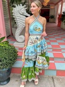 Alemais Bath House Midi Dress Size AU 12 US 8 Tiered Halter Linen Sea Print NEW - Picture 1 of 14