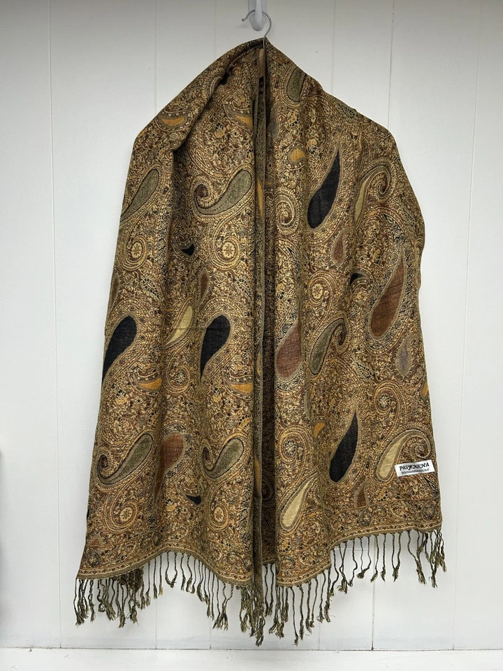 Pashmina Silk Scarf Indian Womens Large Paisley Wrap Fringe Shawl Boho - Image 1 of 4