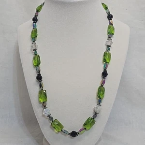 Handmade Glass & Acrylic AB Beaded Necklace Green Clear Black Auroa Borealis - Picture 1 of 8