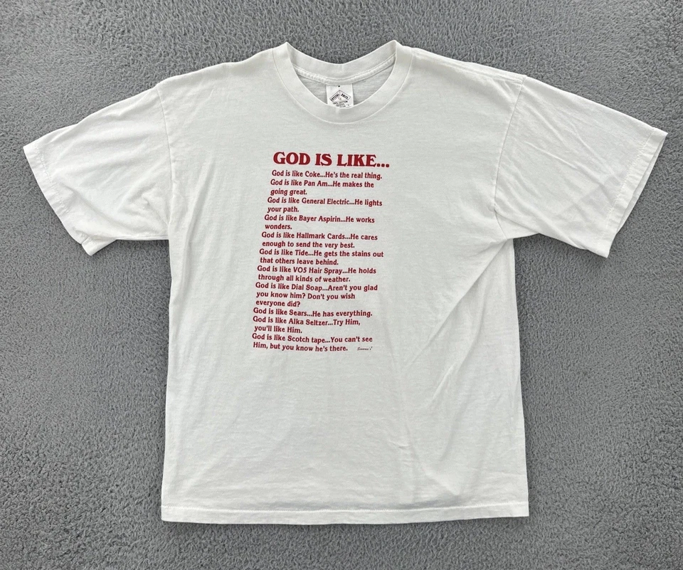 Camisa De Colección Tejidos de Cristal Para Hombres L Blanca Puntada Única Hecha en EE. UU. God Is Like Tee Foto 1 de 4