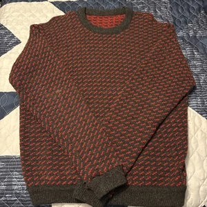 VTG LL Bean Norwegian Wool Birds Eye Fisherman Sweater XL Red Black Norway 1980s - Picture 1 of 10