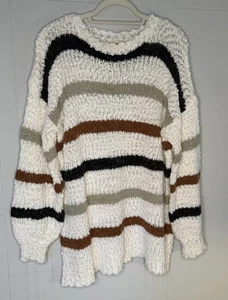 BiBi Sweater Womens Fuzzy Pullover Striped White Gray Brown Plus Oversized 2X - Picture 1 of 10