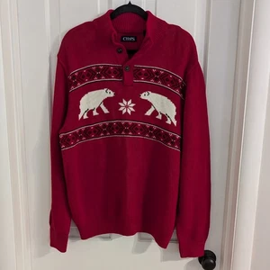 Chaps Men's Holiday Henley Sweater LARGE Cotton Winter Christmas Soft Bears Red - Picture 1 of 8