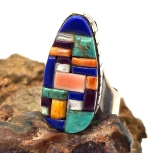 VTG Native American Sterling Silver Multi Gemstone Cobblestone Mosiac Ring Sz 10 - Picture 1 of 17