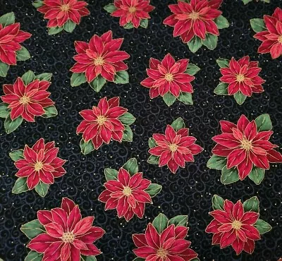 The Christmas Star BTY Kensington Quilting Treasures Red Poinsettia Black - Image 1 of 3