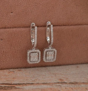 0.73 Ct Lab Grown CVD Baguette Diamond Dangle Earrings Gift 18k White Solid Gold - Picture 1 of 9