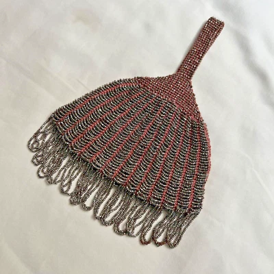 Antique micro steel beaded crochet wrist purse bag reticule chatelaine 2 layers - Image 1 of 4