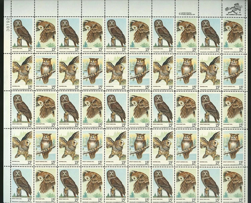 Owls Sheet of Fifty 15 Cent Postage Stamps Scott 1760-63 - Image 1 of 1