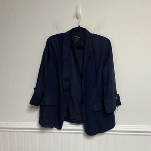 Ellen Tracy Navy Linen Blend Blazer Open Front Pocket Size L - Picture 1 of 5