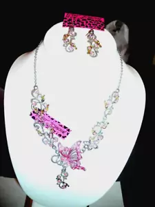 Betsey Johnson PINK Crystal BUTTERFLY + Drop Dangling Leaves NECKLACE + EARRINGS - Picture 1 of 6