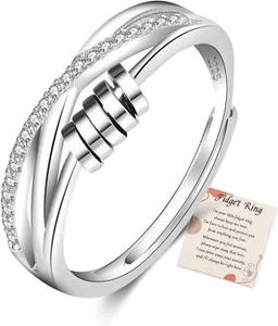925 Sterling Silver Fidget Ring Cubic Zircon Adjustable Stress Spinner Anxiety - Picture 1 of 6