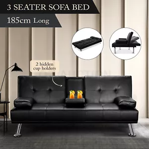 Sofa Bed Couch Lounge Futon Mattress 3 Seater Leather Recliner with Cup Holders - Picture 1 of 11