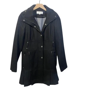 Calvin Klein Black Wool Blend Full Zip Pleated Hem Coat Fitted Sz 4 No Belt - Picture 1 of 14