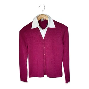 WinterSilks Cardigan Sweater With Faux Shirt Collar Size Medium Preppy Academia - Picture 1 of 13