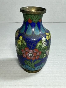 Vintage Asian Cloisonné Miniature Enamel Vase 4” Patina Floral Motif - Picture 1 of 11