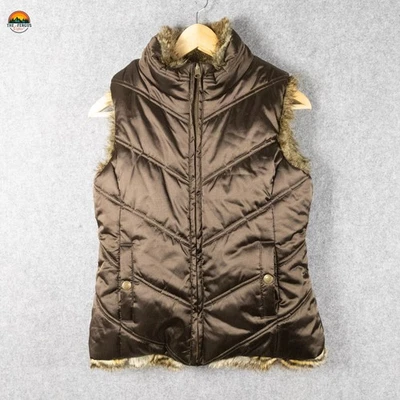 Chaleco acolchado Gap marrón reversible de piel sintética cremallera completa broches de presión de latón niñas XL / niños L Foto 1 de 4