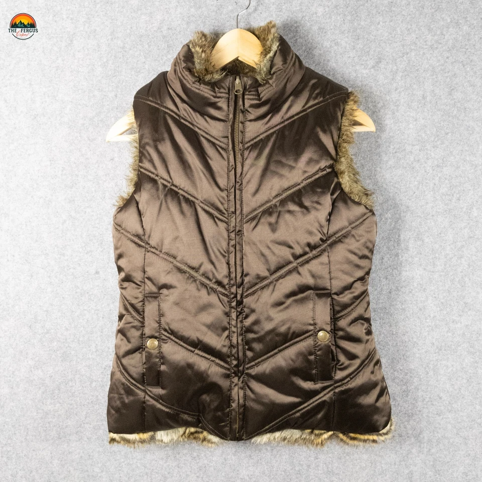 Gap Puffer 背心棕色双面人造毛皮全拉链黄铜扣女孩 XL/男孩 L — 第 1/4 张图片