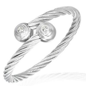 Stainless Steel Silver Tone Celtic Twisted Wire Womens Cuff Bracelet with CZ