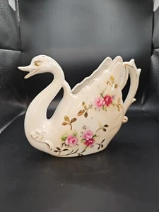 Vintage Pearlescent Swan Planter with Gold And Floral Accents Kitschy Flowers - Picture 1 of 15