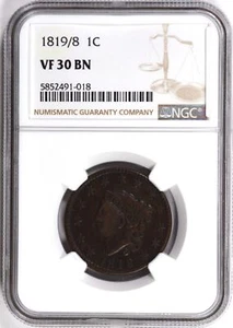 1819/8 CORONET HEAD LARGE CENT 1C NGC VF 30 BN - Picture 1 of 2
