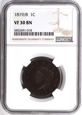 1819/8 CORONET HEAD LARGE CENT 1C NGC VF 30 BN - Image 1 of 2