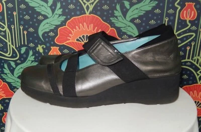Thierry Rabotin Pewter Black Elastic Strap Mary Janes Wedge Shoes 40 - Image 1 of 4