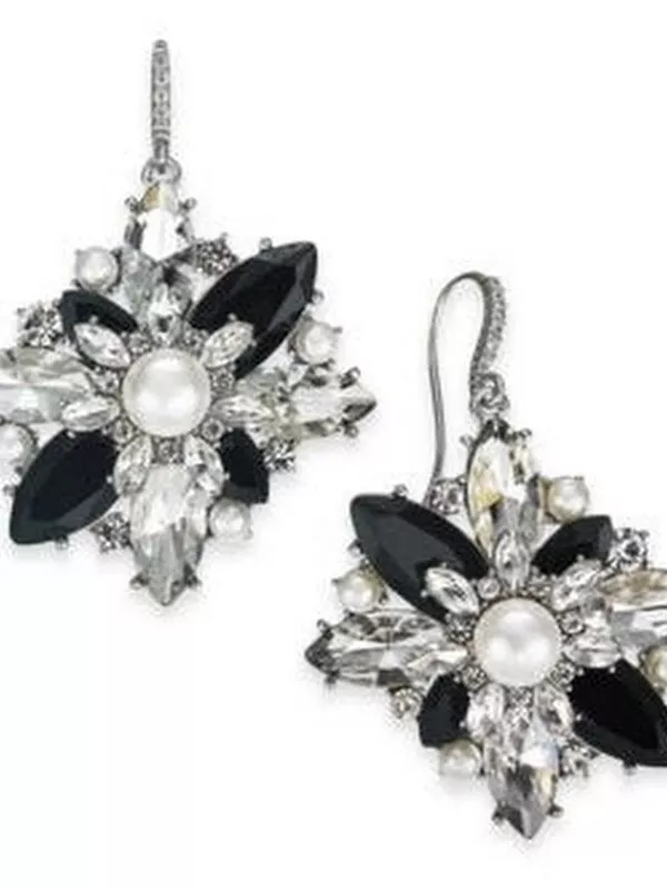 Charter Club Silver-tone Crystal Stone and Imitation Pearl Cluster Earrings E024