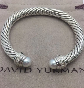 David Yurman Cable Classics Pearls and Diamonds 7mm Cable Cuff Bracelet - Picture 1 of 4