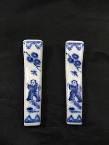 Blue & White Porcelain Chopstick Rests Young Boy Hashi Oki Set of 2 - Picture 1 of 6