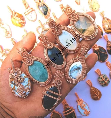 Lote de colgantes hechos a mano de piedras preciosas prehnita y mezcla de alambre de cobre envoltura joyería regalo Foto 1 de 3