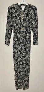 Vintage Jumpsuit 10 Black White Floral Retro Shoulder Pads Worthington Pockets C - Picture 1 of 12