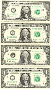 Trinary Fancy Serial Number One Dollar Bill common 4s digit Lot of 4 Notes - Picture 1 of 2