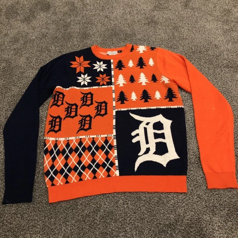 Detroit Tigers Sweater Adult Large Orange Blue Sweatshirt MLB Holiday Mens READ Cover