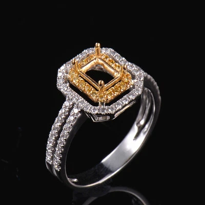 Anillo Semi Montaje Diamante Natural Corte Esmeralda 9x7mm Dos Tonos Oro Sólido 14K Foto 1 de 4
