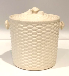 VINTAGE CERAMIC VANITY/NURSERY JAR WITH LID—WOVEN BASKET & ROSES—PRE WWII JAPAN - Picture 1 of 14