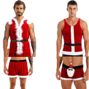 iiniim AU Sexy Mens Christmas Santa Claus Costume Outfits Xmas Velvet Vest Top + - Picture 1 of 14