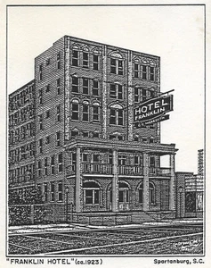Franklin Hotel Spartanburg 1987 Sc bolígrafo y tinta Richard Kirby tarjeta de nota G1 - Imagen 1 de 3