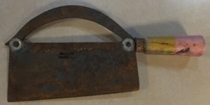 UNIQUE RUSTIC HEAVY METAL MEAT CLEAVER W/ PAINTED WOODEN HANDLE MARKED PAKISTAN - Bild 1 von 11