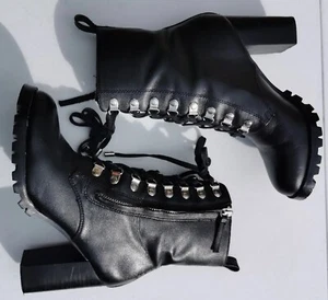 WITCHERY Sz 37 Or 6.5 Black Leather Ankle Zip Metal Lace Boots - Picture 1 of 11