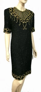 Vintage Brilliante Glam Beaded Dress Black Gold Greek Cocktail Party Silk L - Picture 1 of 9