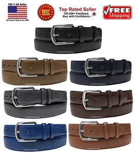 MEN FAUX SNAKE SKIN GENUINE LEATHER STITCHED BELT w BELT BUCKLE - Picture 1 of 15