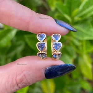 Heart Iolite Three Stone Huggies Earrings 14k Gold Love Heart Hoops Earrings - Picture 1 of 8