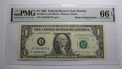 $1 1995 Radar Serial Number Federal Reserve Currency Bank Note Bill PMG UNC66EPQ - Image 1 of 3