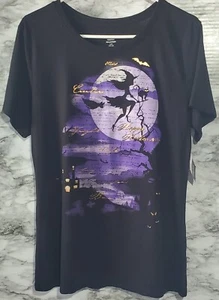 Halloween Theme Women's T-shirt Large Black Purple Gold Words Sexy Witch NWT - Picture 1 of 6