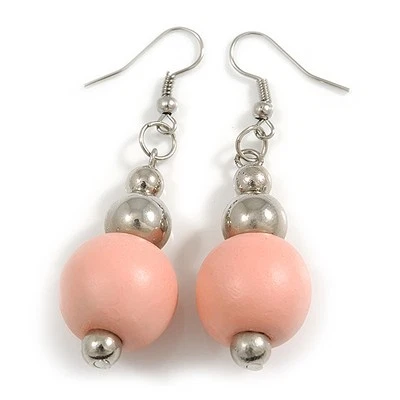 Pastel Pink Painted Wood and Silver Acrylic Bead Drop Earrings - 55mm L - Image 1 of 4